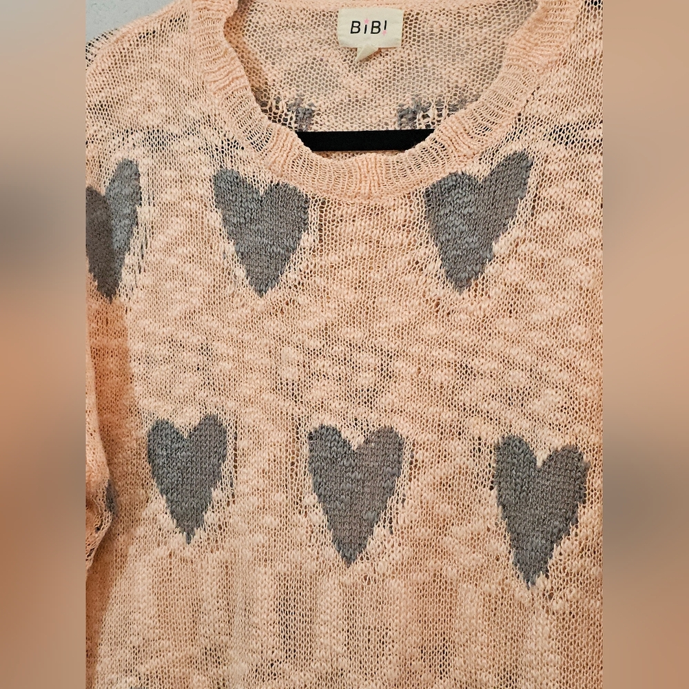 BiBi Distressed Knit Sweater W/Hearts Peach and Charcoal Womens Small Oversized - Picture 6 of 7